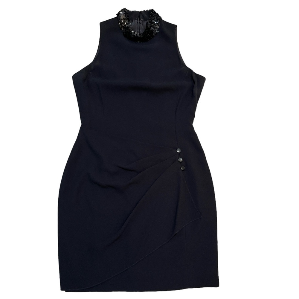 Sleeveless Little Black Dress with Sequin Mock Neck and Draping at the waste